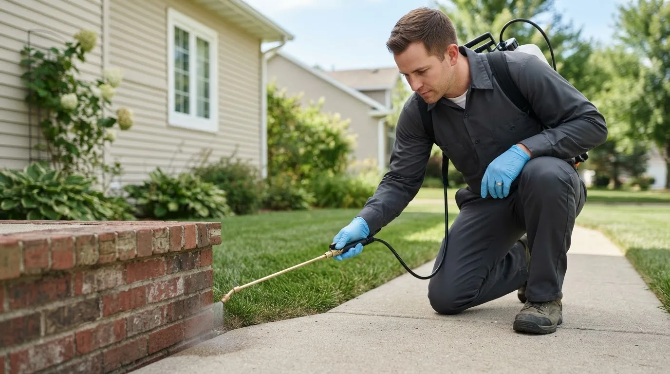 Pest control technician treating a home near Fort Irwin, CA